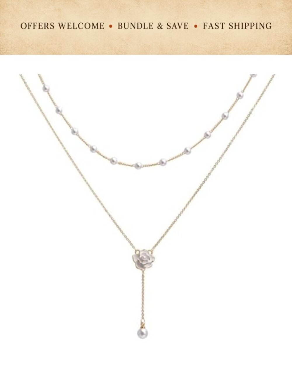 Camellia Flower Necklace Titanium Steel Faux Pearl Pendant Choker Layered Chain